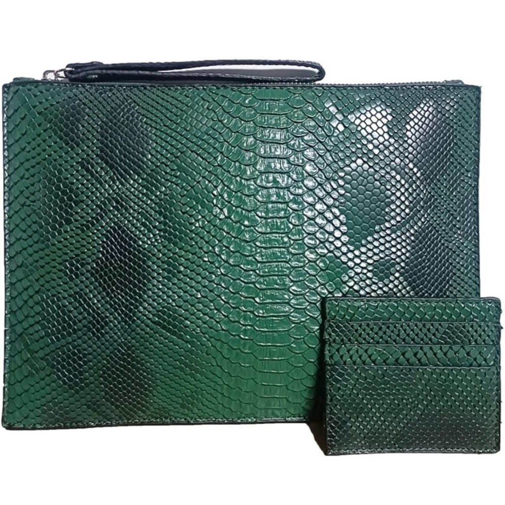 Green Snakeskin Clutch and Cardholder Set